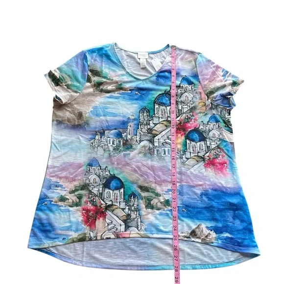 Chico’s Santorini High/Low V-neck Short Sleeve Watercolor Top - Size 3 (US 16) - Picture 7 of 9